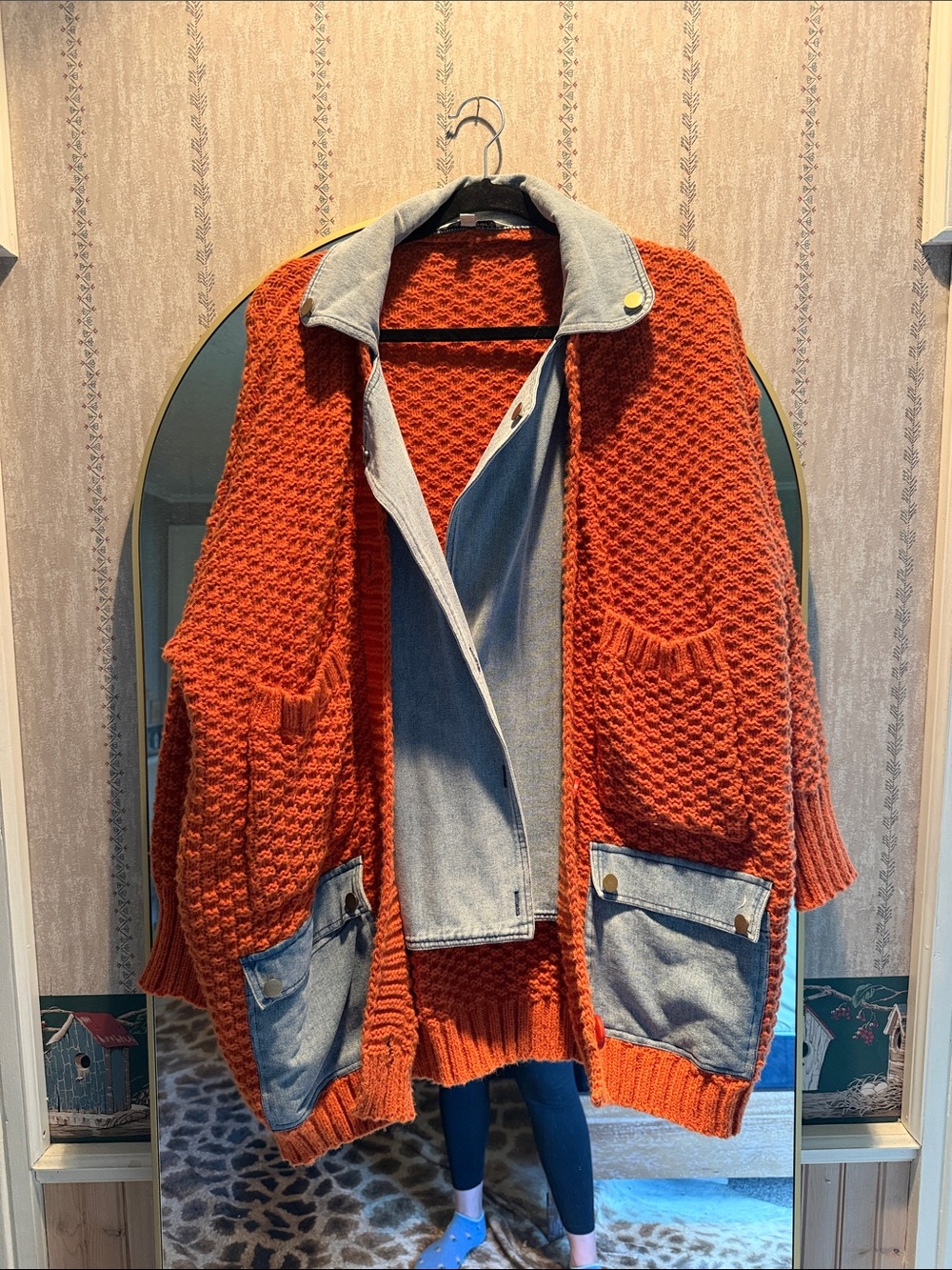 Chunky Orange Knit Women’s Cardigan with Denim Trim